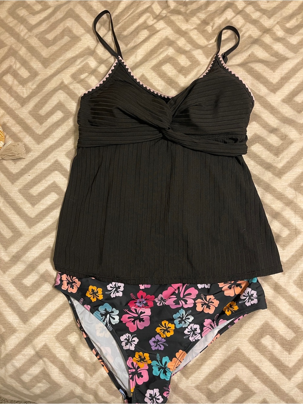 Black Tankini Top with Floral Bikini Bottoms